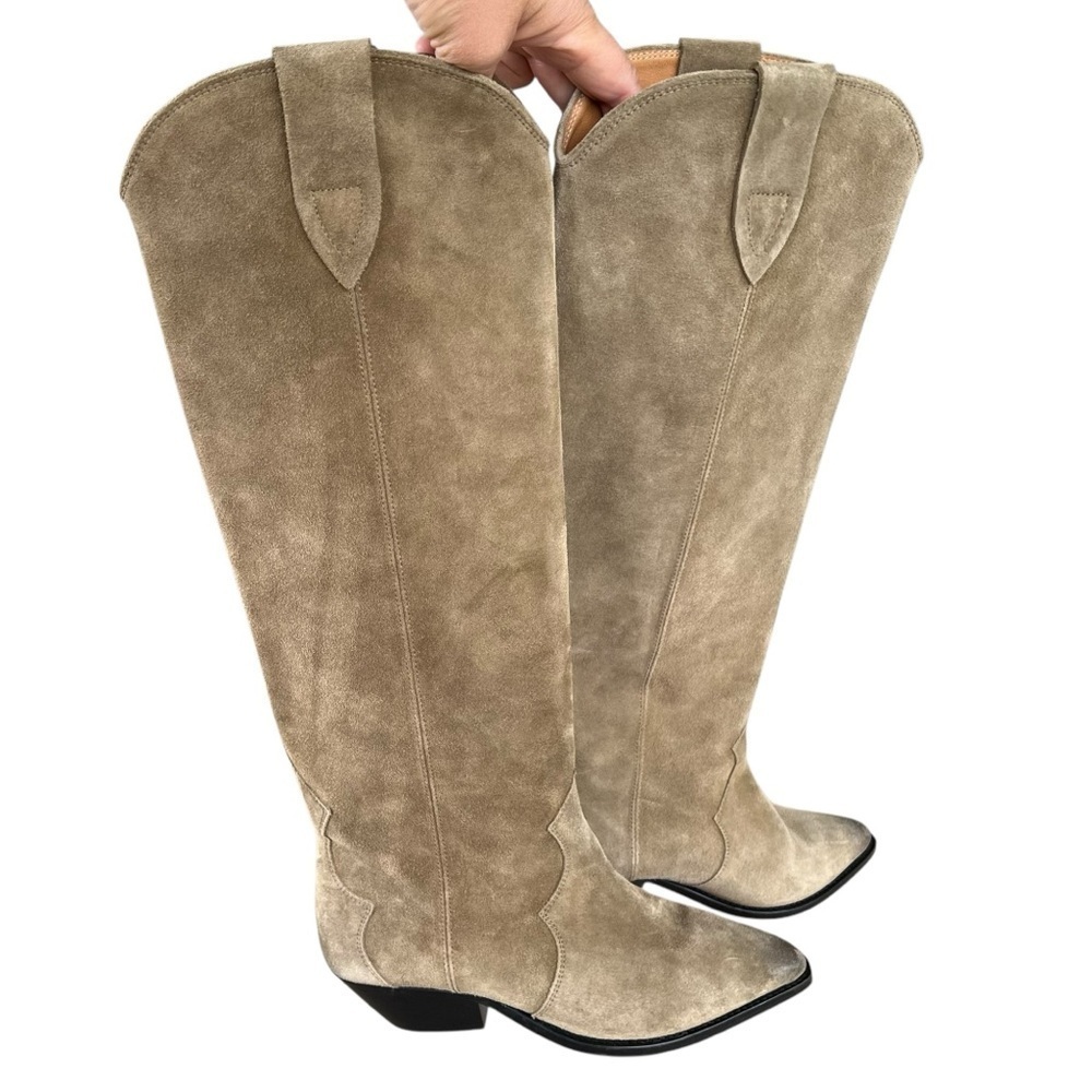 Isabel Marant Denvee Suede Knee High Boots Western‎ Burnished Toe Taupe EU 38